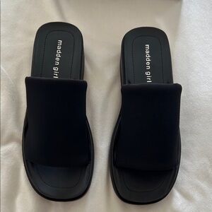 Madden Girl Black Slide Sandals. New